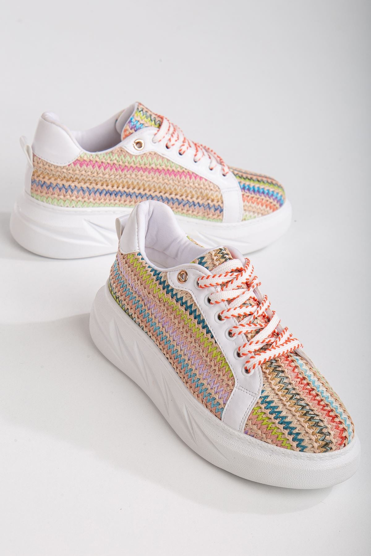 Women's Mavis White - Colorful Thick Sole Straw Detailed Sneakers