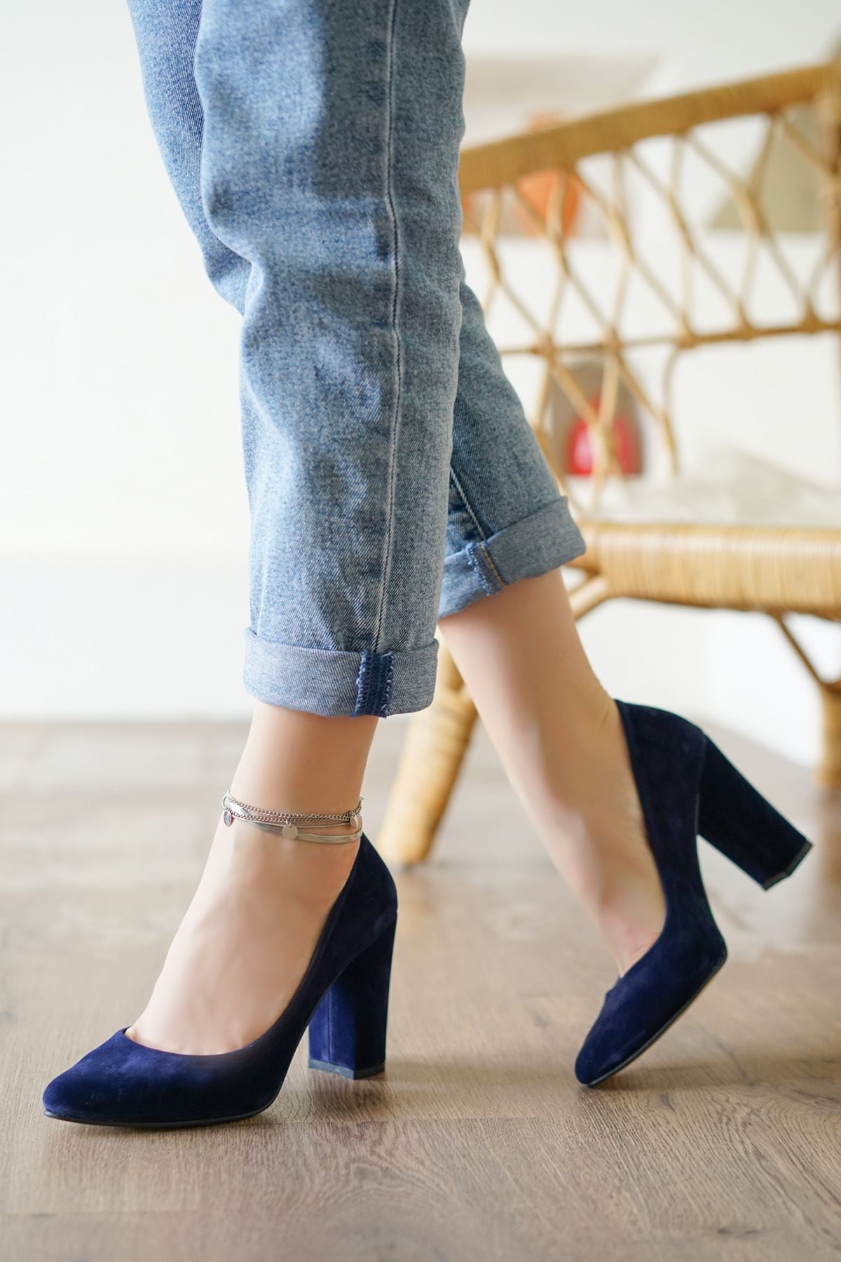 Women's Navy Blue Velvet Heeled Shoes - STREETMODE ™