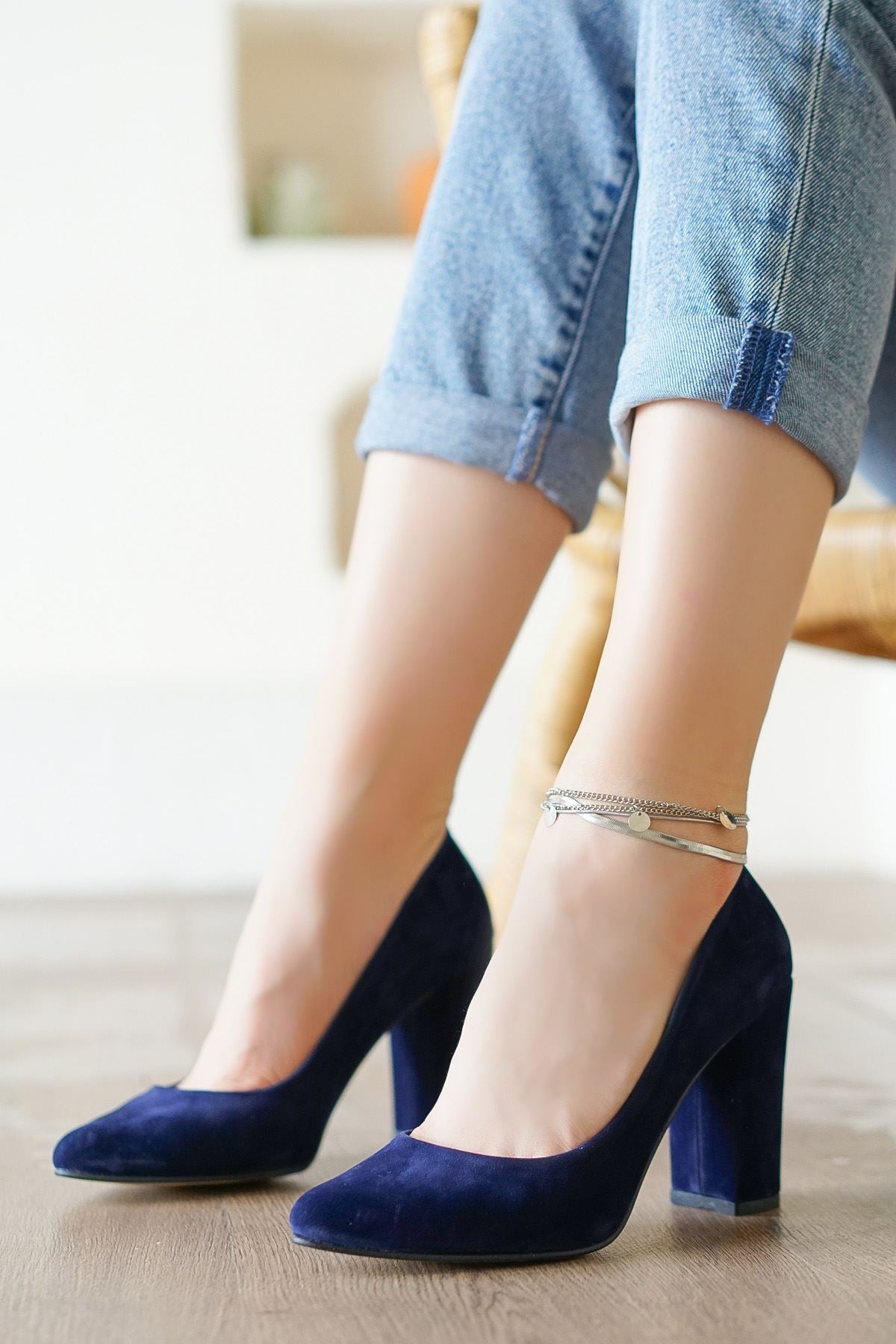 Women's Navy Blue Velvet Heeled Shoes - STREETMODE ™
