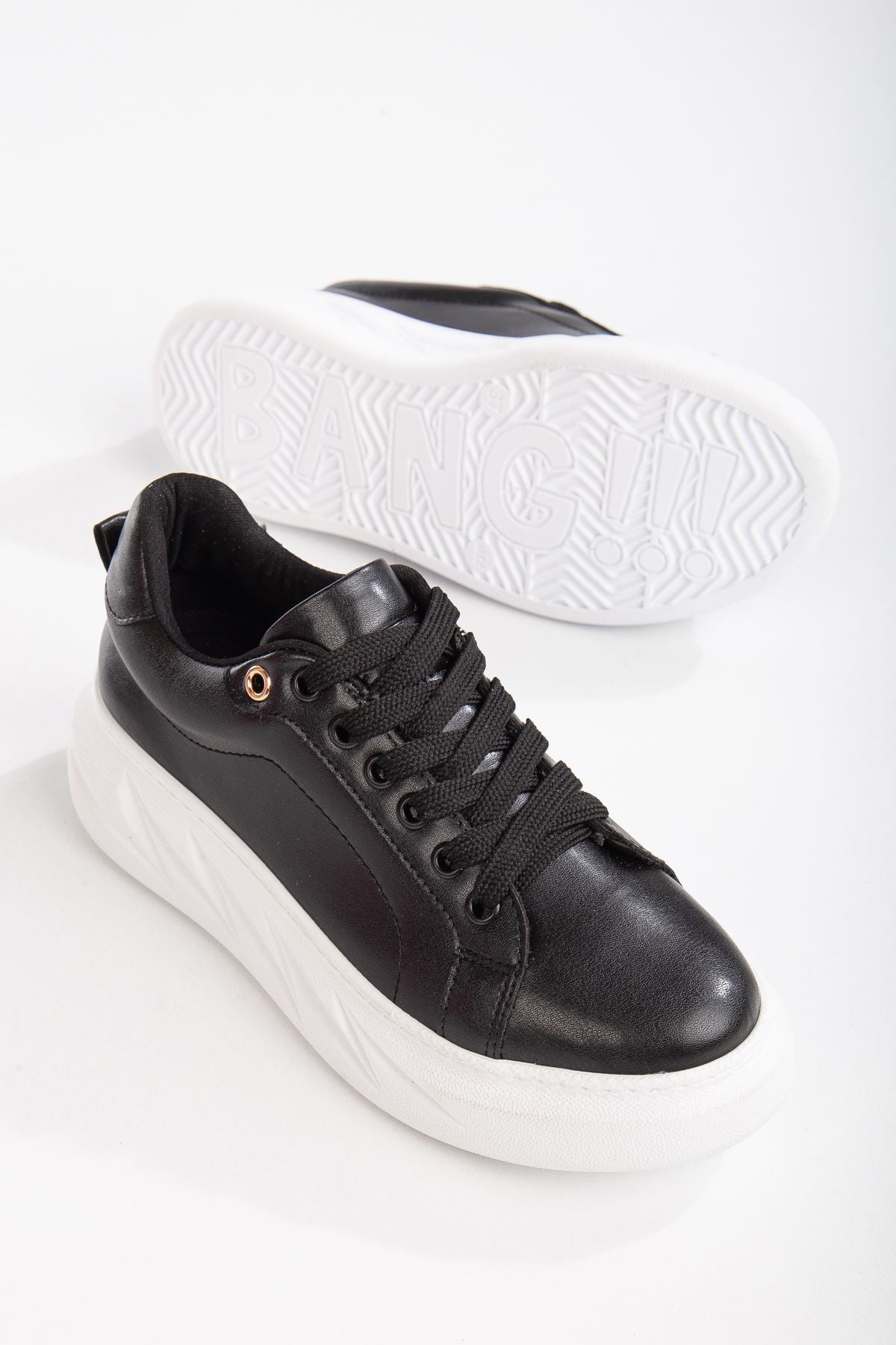 Women's Nerina Black Skin Thick Sole Detailed Sneakers