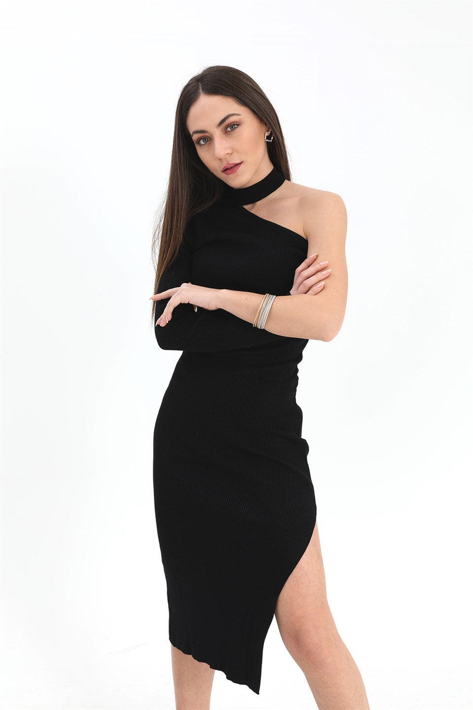 Women's One-Shoulder Sweater Dress - Black - STREETMODE ™