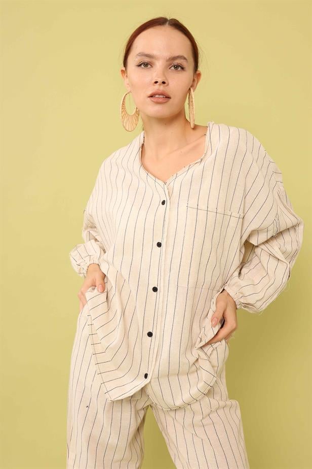 Women's Pocket Detailed Linen Shirt Beige - STREETMODE ™