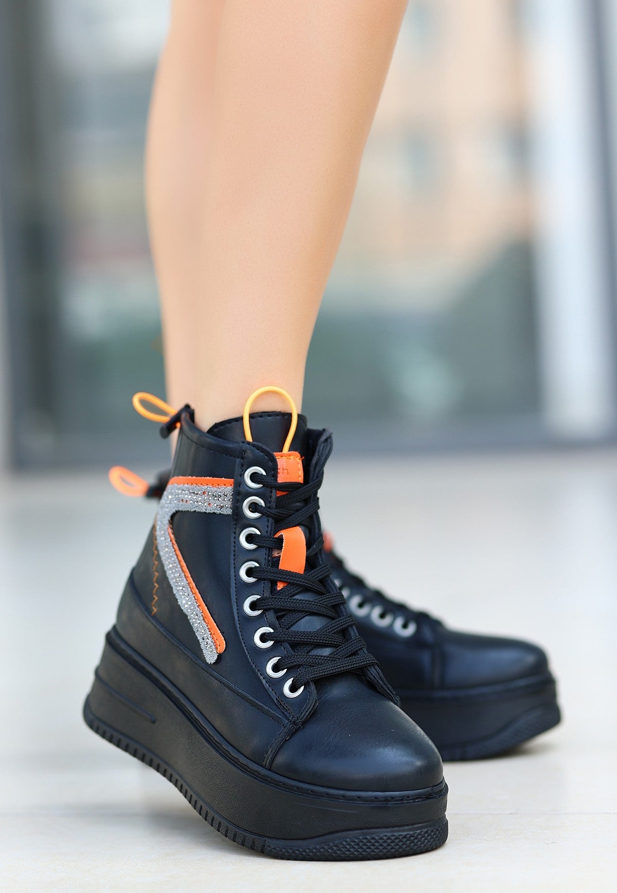 Women's Pone Black Skin Orange Detailed Lace Up Sneakers Boots - STREETMODE ™