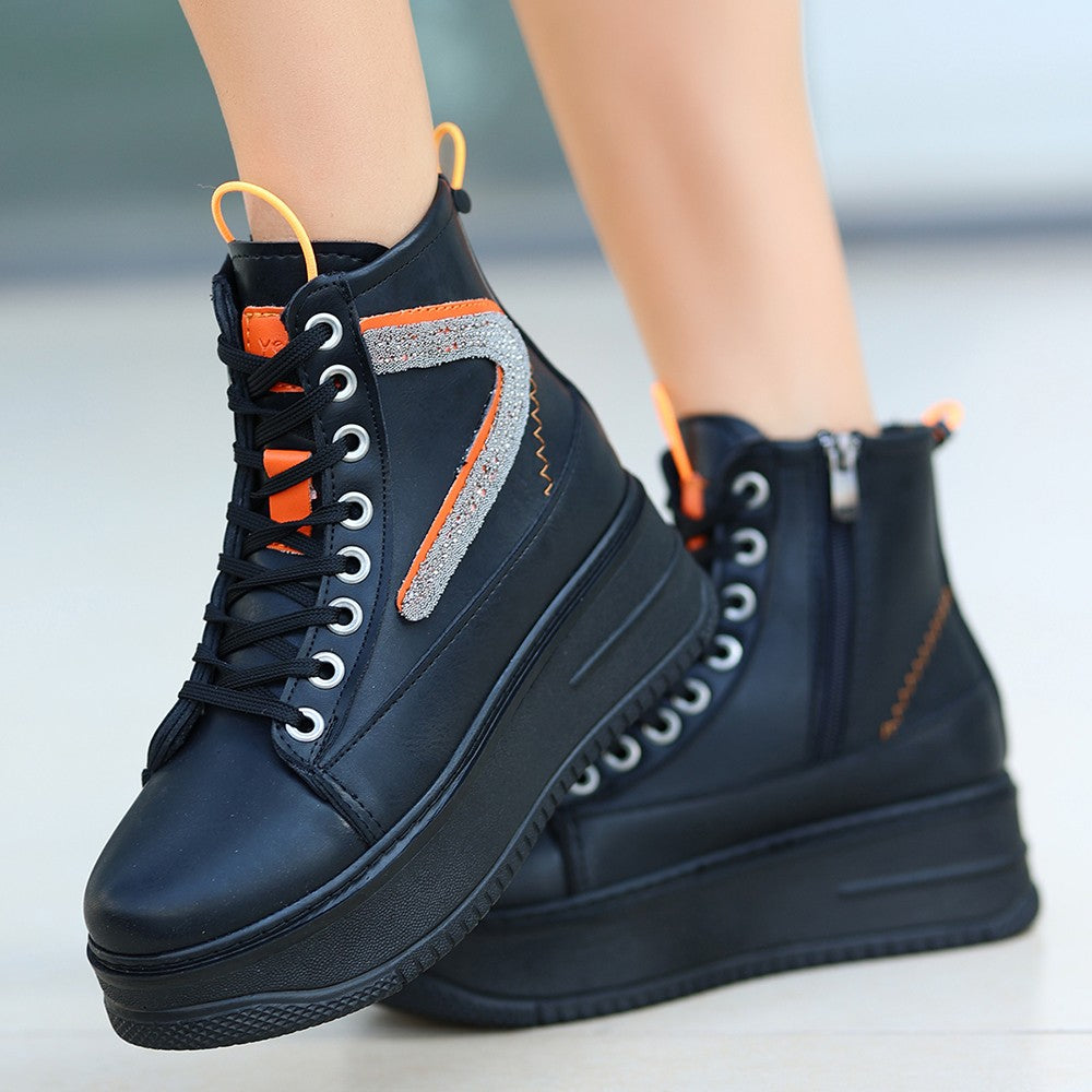 Women's Pone Black Skin Orange Detailed Lace Up Sneakers Boots - STREETMODE ™