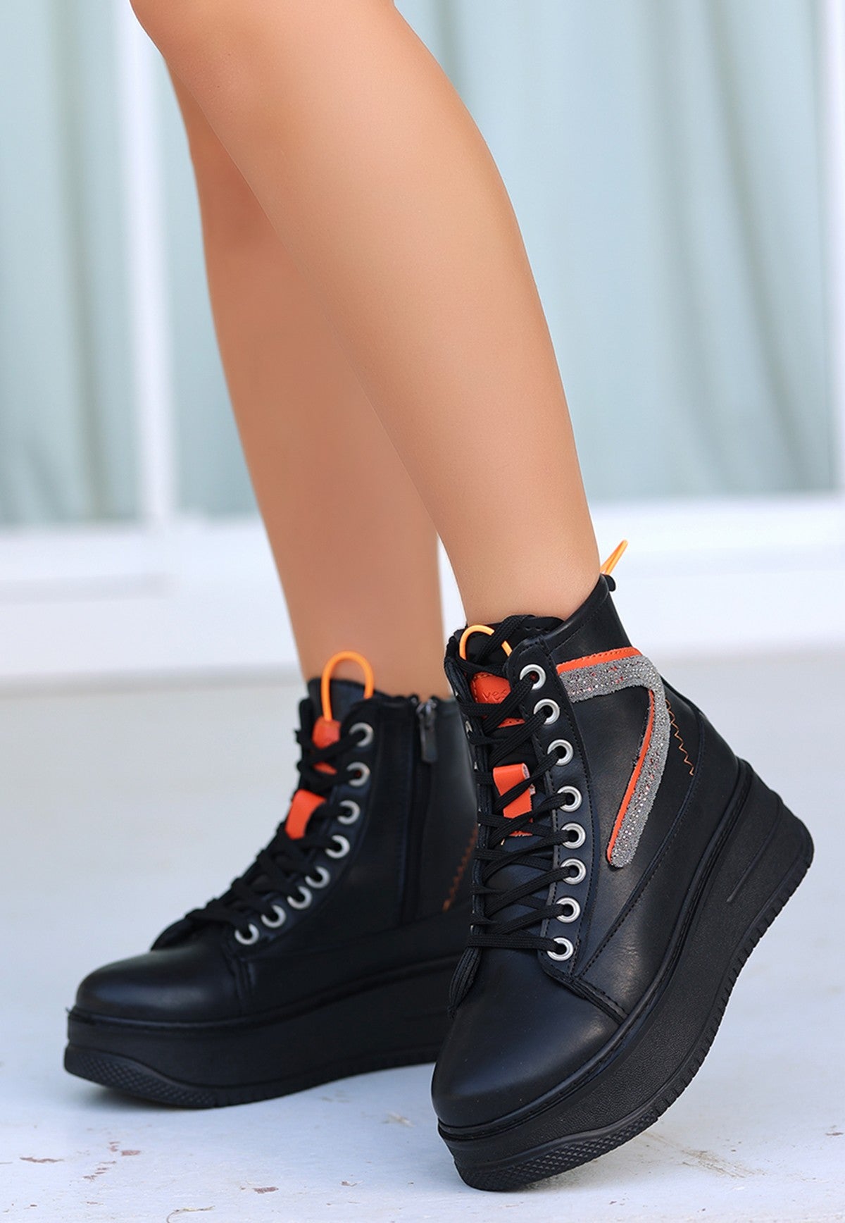Women's Pone Black Skin Orange Detailed Lace Up Sneakers Boots - STREETMODE ™