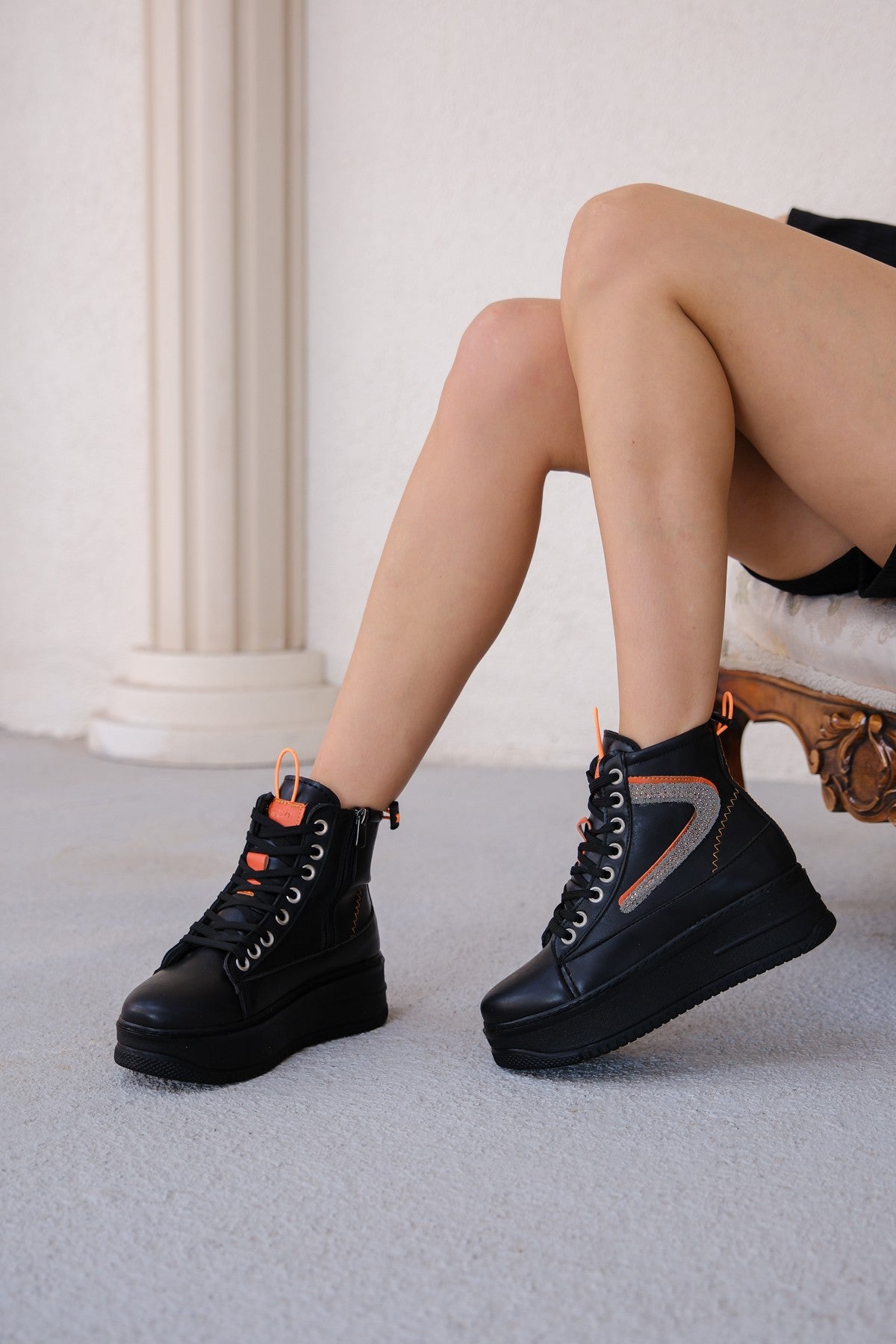 Women's Pone Black Skin Orange Detailed Lace Up Sneakers Boots - STREETMODE ™