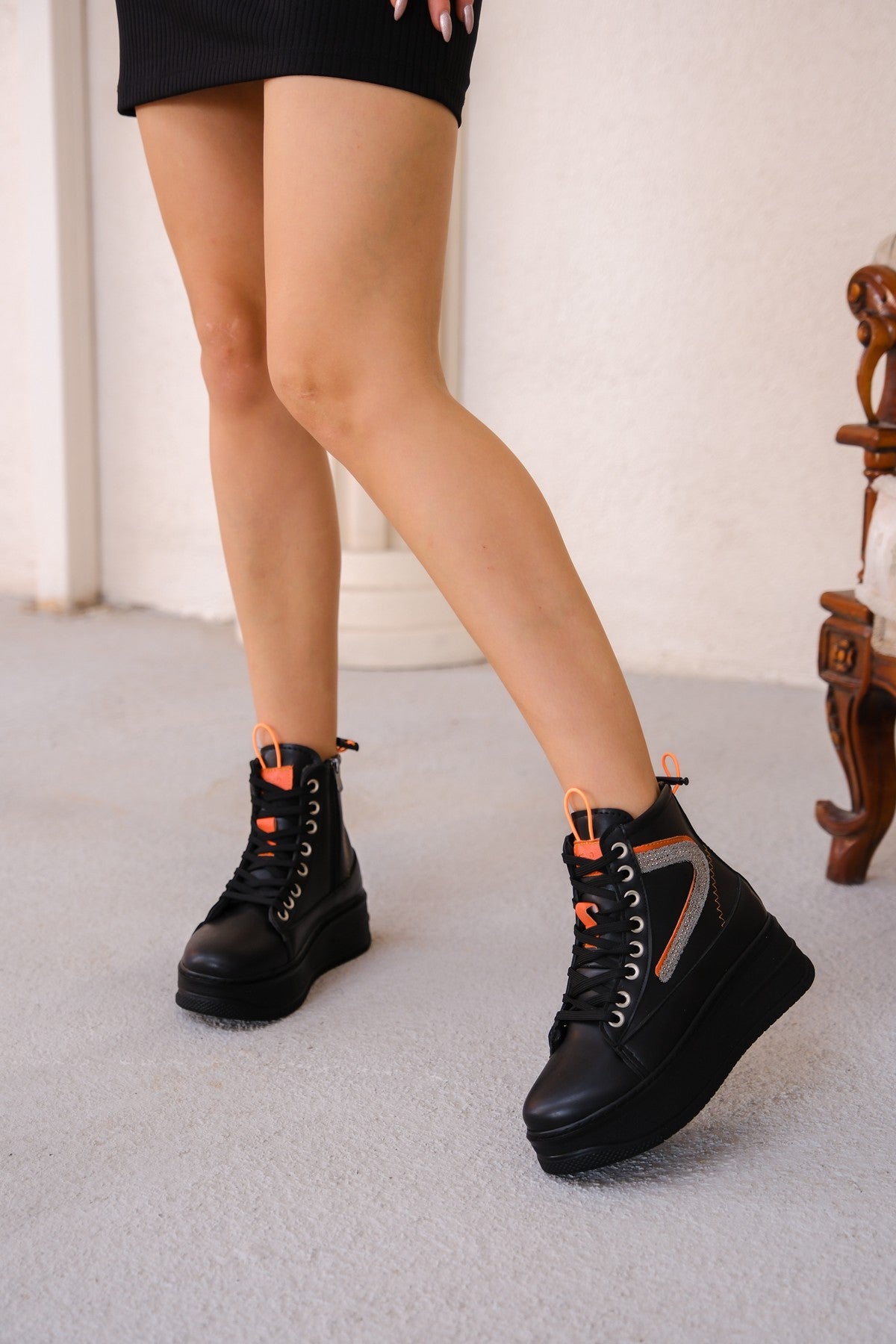 Women's Pone Black Skin Orange Detailed Lace Up Sneakers Boots - STREETMODE ™