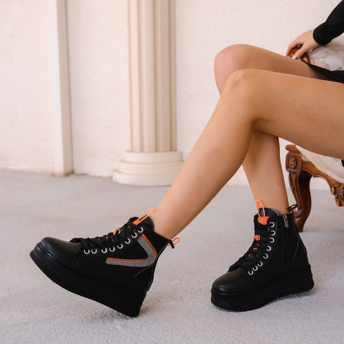 Women's Pone Black Skin Orange Detailed Lace Up Sneakers Boots - STREETMODE ™