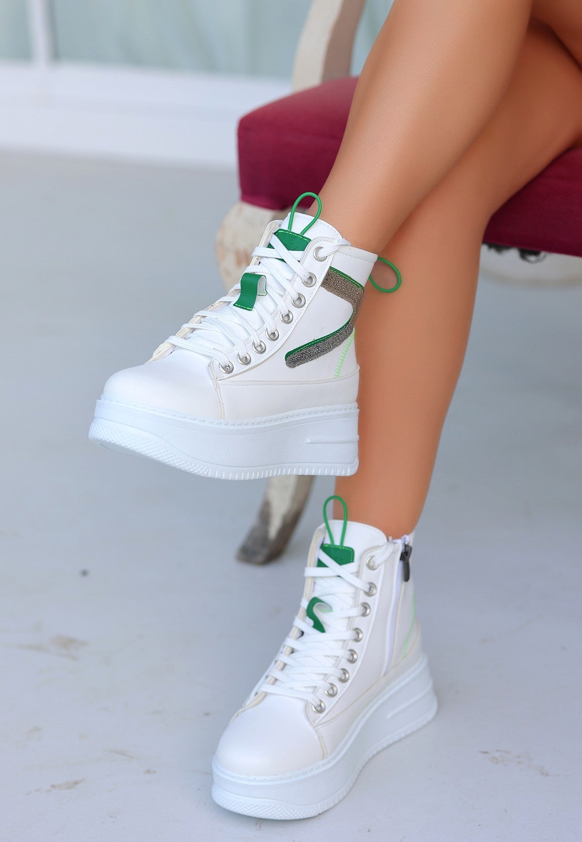 Women's Pone White Skin Green Detailed Lace Up Sneakers Boots - STREETMODE ™