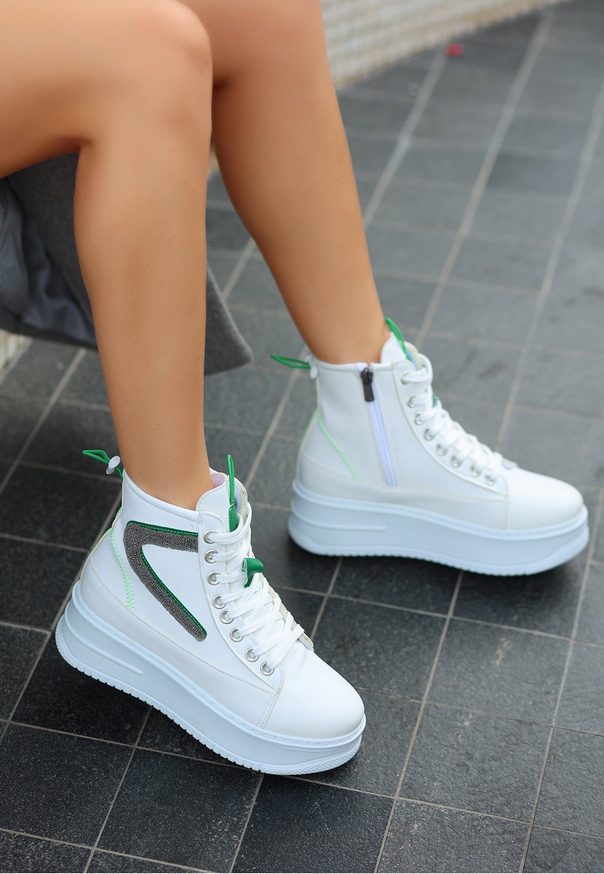 Women's Pone White Skin Green Detailed Lace Up Sneakers Boots - STREETMODE ™