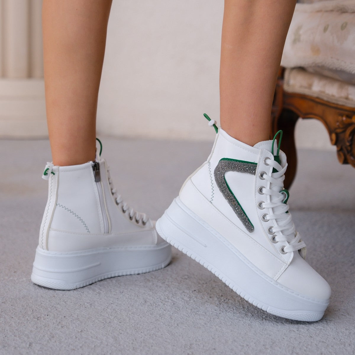 Women's Pone White Skin Green Detailed Lace Up Sneakers Boots - STREETMODE ™