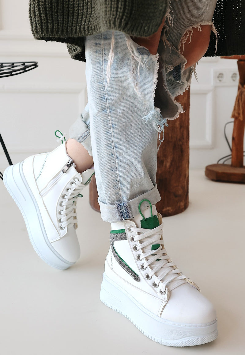 Women's Pone White Skin Green Detailed Lace Up Sneakers Boots - STREETMODE ™