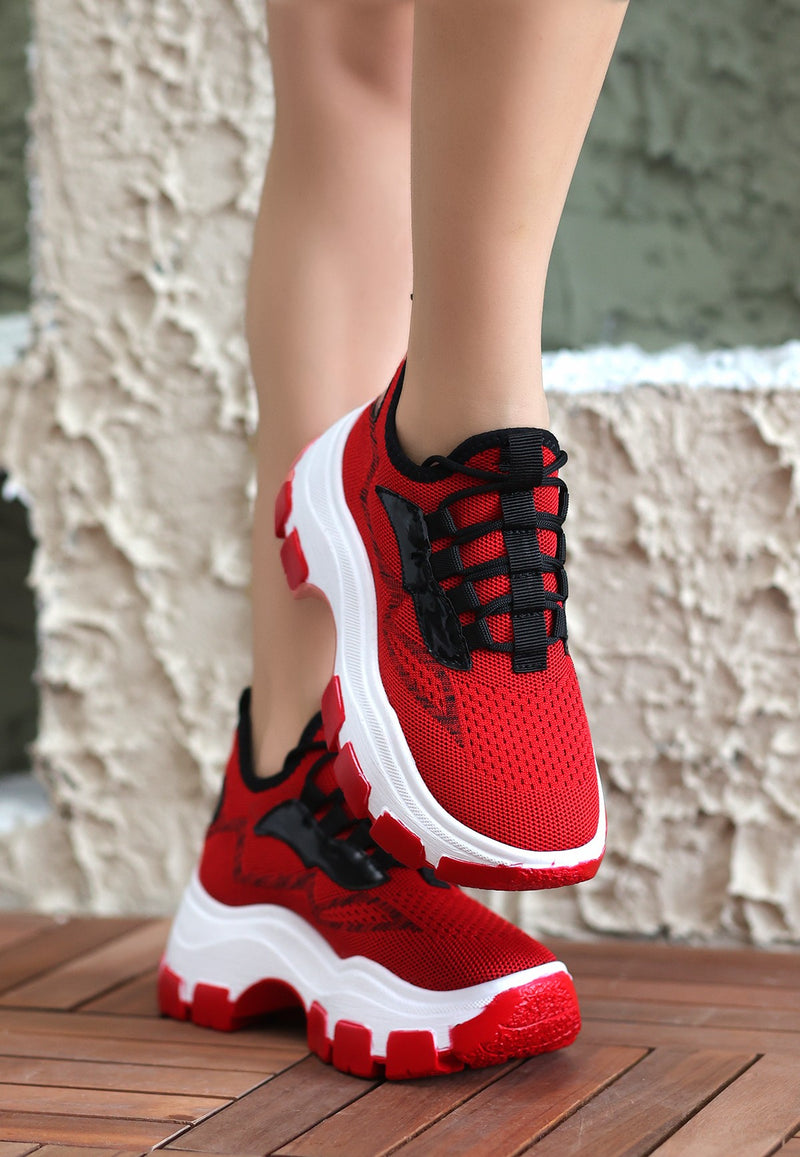 Women's Red Knitwear Lace-Up Sports Shoes - STREETMODE ™