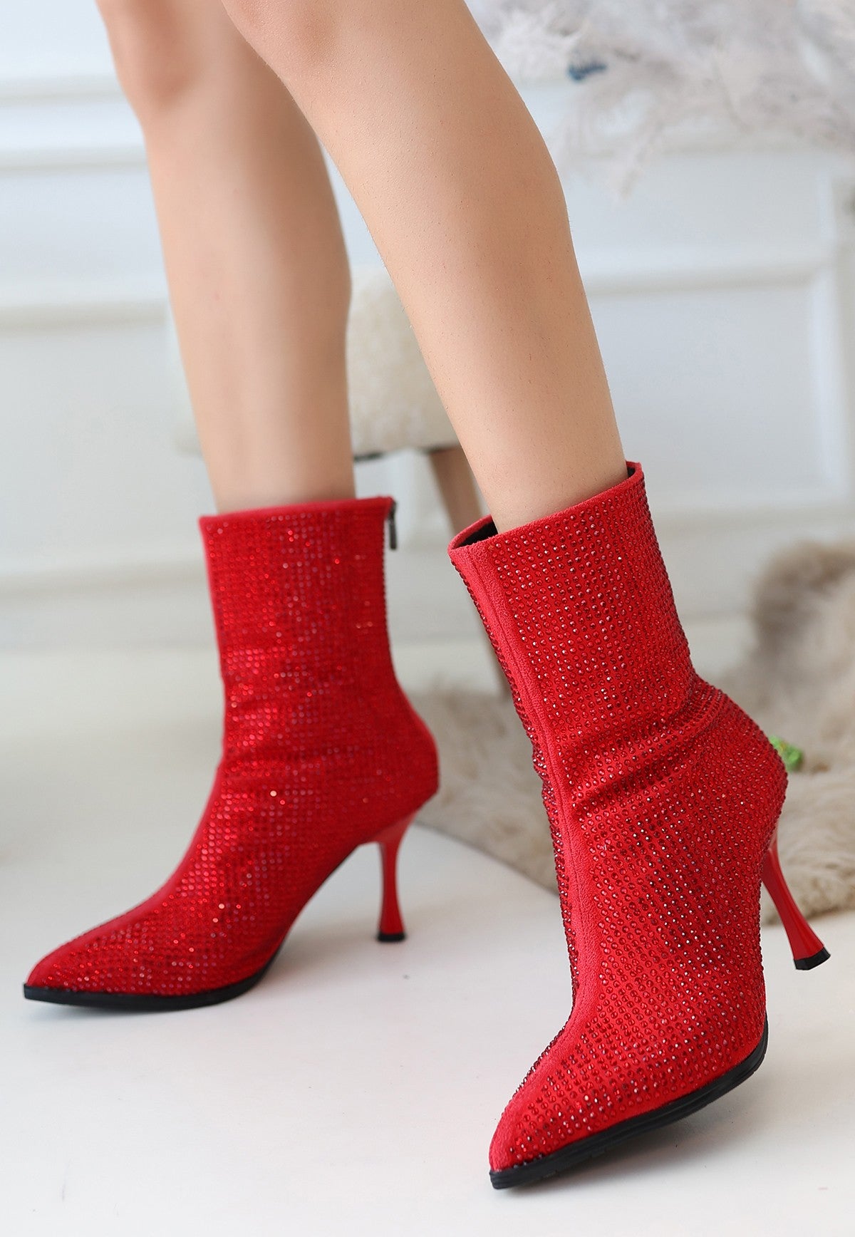 Women's Red Suede Stoned Heeled Boots - STREETMODE ™