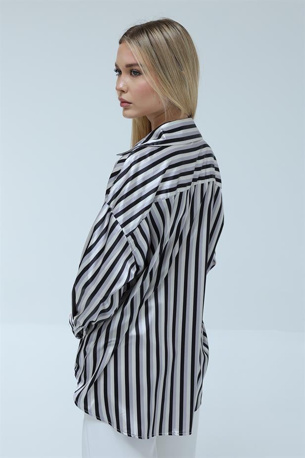 Women's Satin Striped Shirt Black - STREETMODE ™