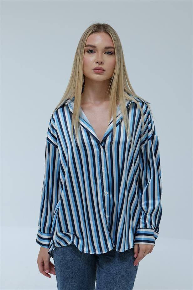 Women's Satin Striped Shirt Blue - STREETMODE ™