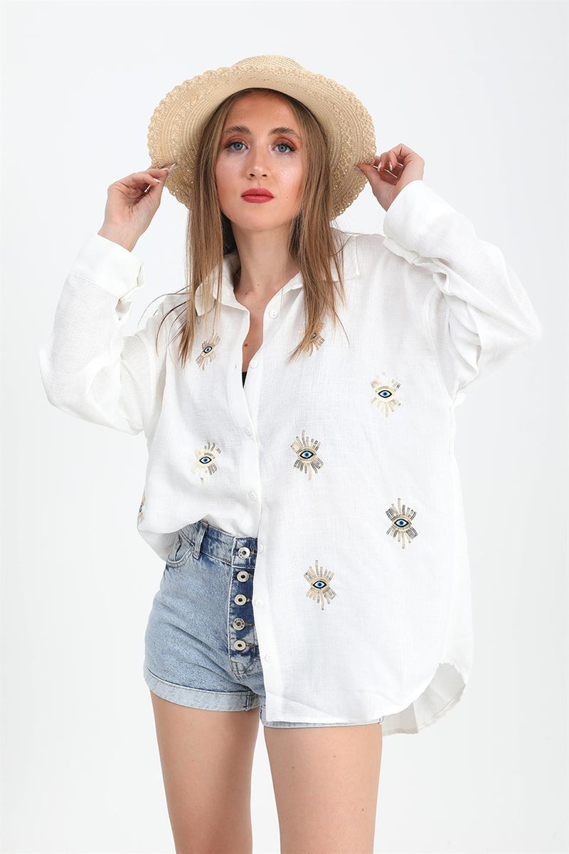 Women's Shirt Linen With Eye Embroidery - Ecru - STREETMODE ™