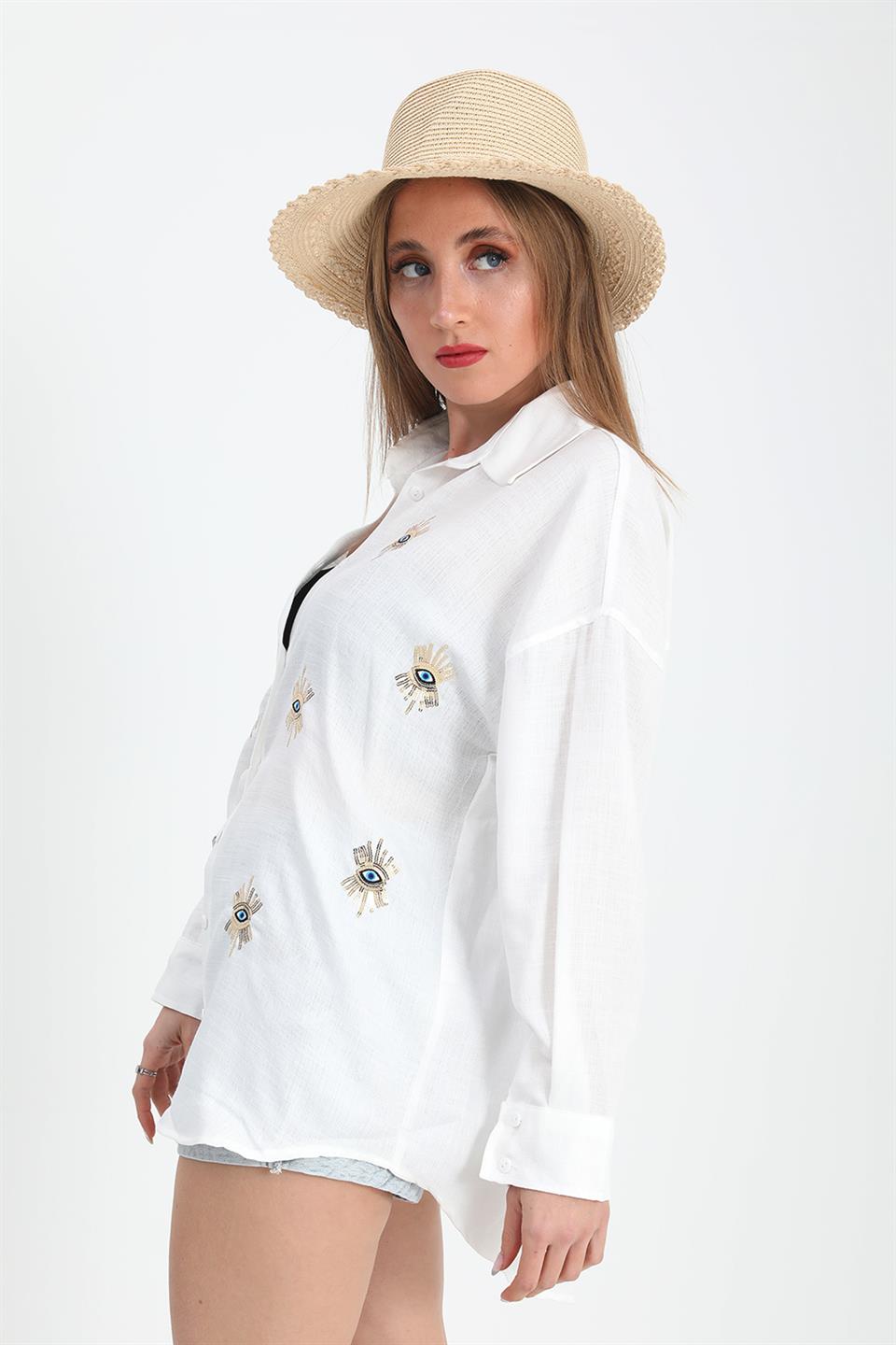 Women's Shirt Linen With Eye Embroidery - Ecru - STREETMODE ™