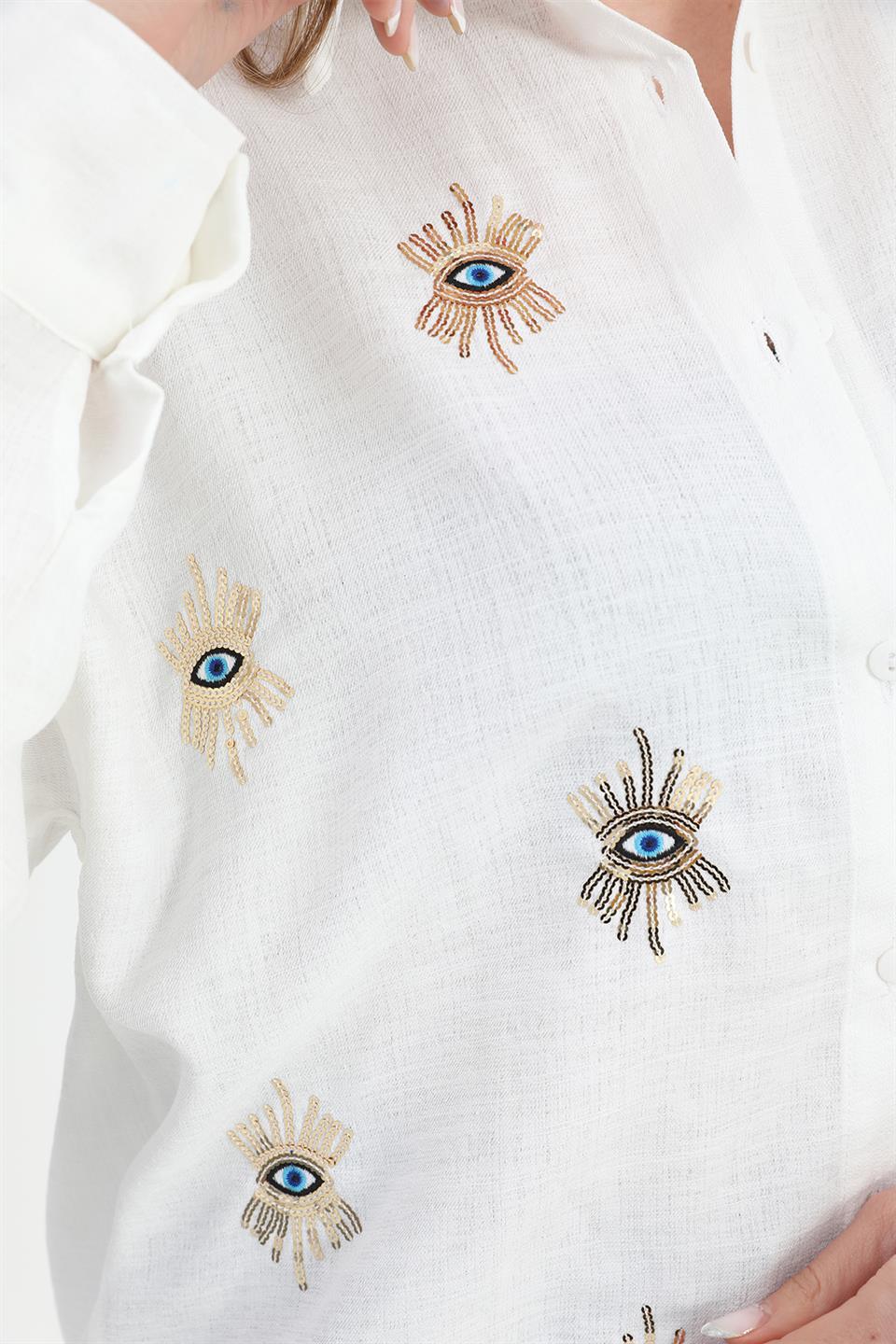 Women's Shirt Linen With Eye Embroidery - Ecru - STREETMODE ™