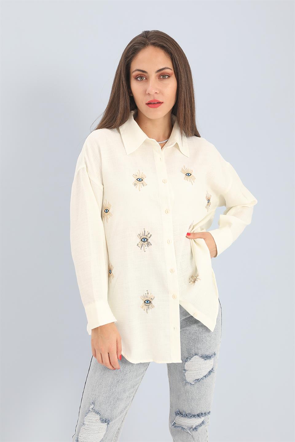 Women's Shirt Linen With Eye Embroidery - Ecru - STREETMODE ™