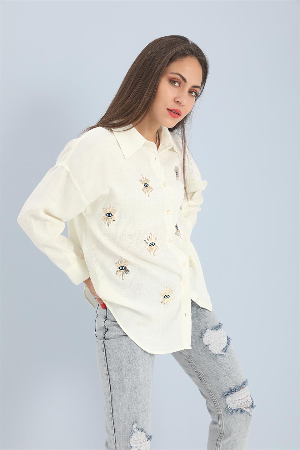 Women's Shirt Linen With Eye Embroidery - Ecru - STREETMODE ™