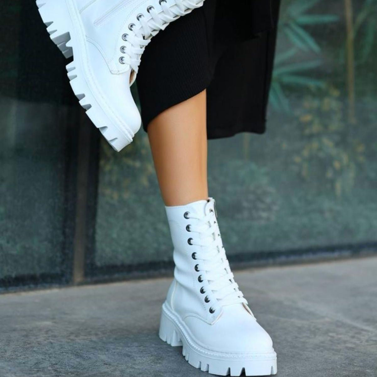 Women's White Leather Lace Up Boots - STREETMODE ™