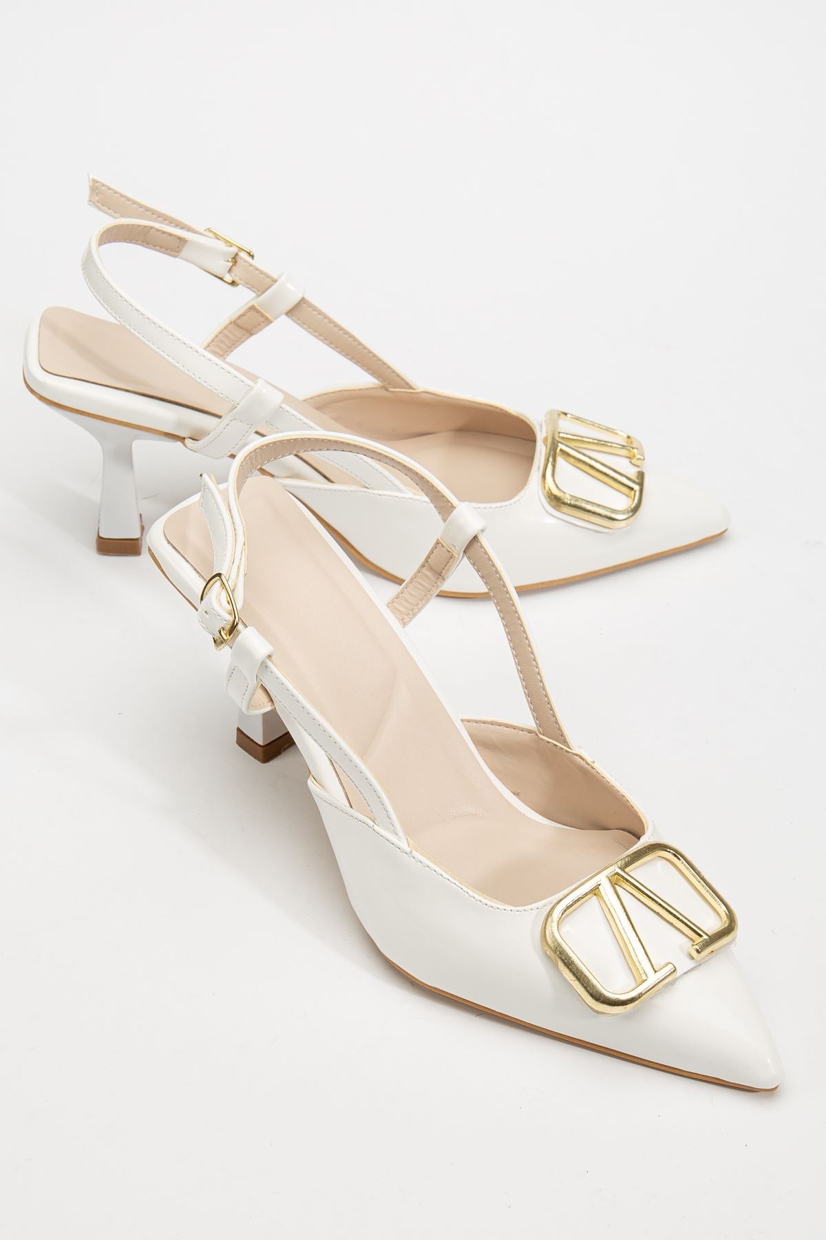 Women's White Patent Leather Buckle Detailed Thin Heeled Shoes