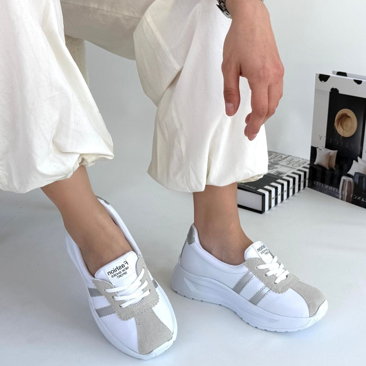 Women's White Skin Gray Striped Sneakers - STREETMODE ™