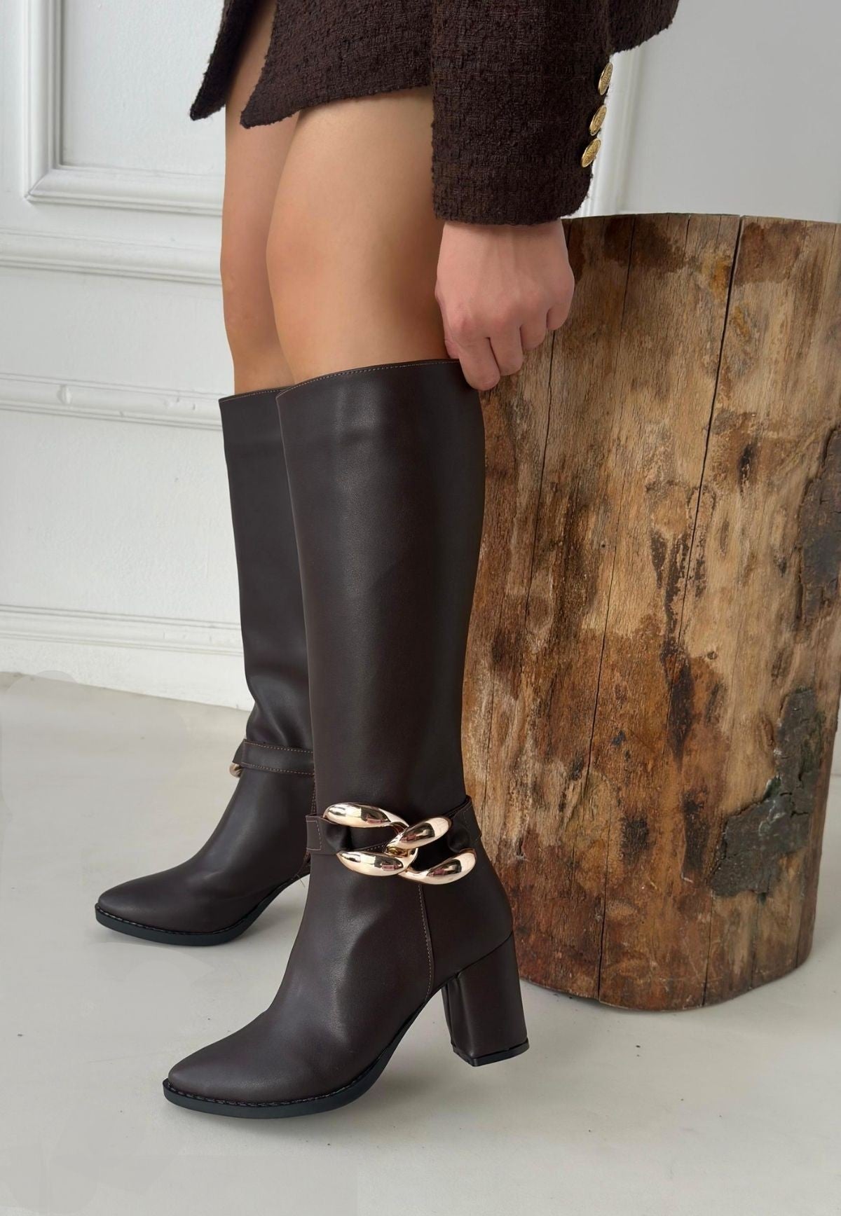 Women's Brown Leather High Heel Boots - STREETMODE ™