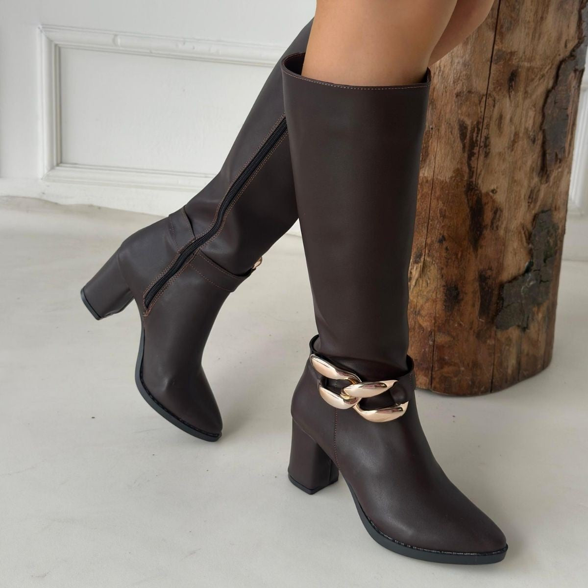 Women's Brown Leather High Heel Boots - STREETMODE ™