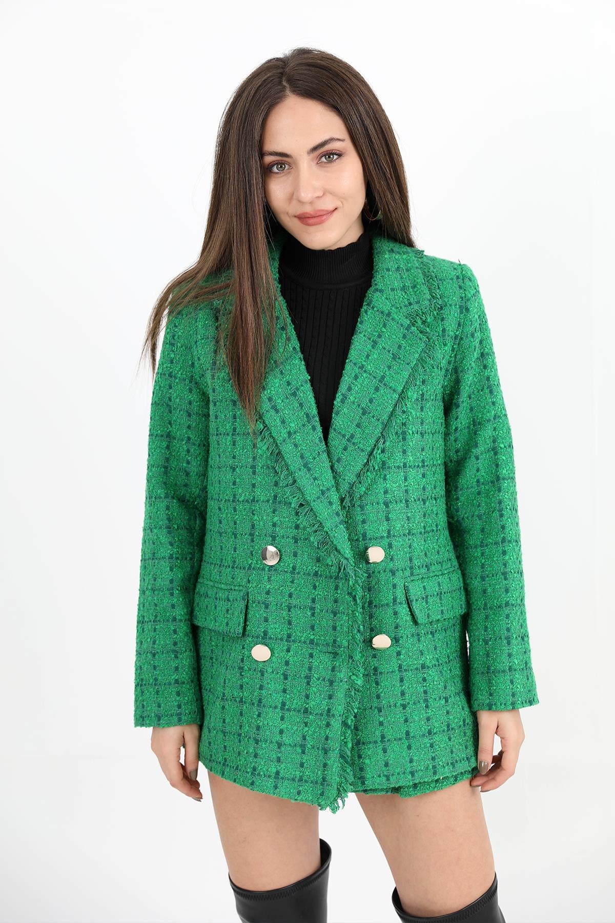 Women's Buttoned Tweed Blazer Jacket with Tassel Collar - Green - STREETMODE ™