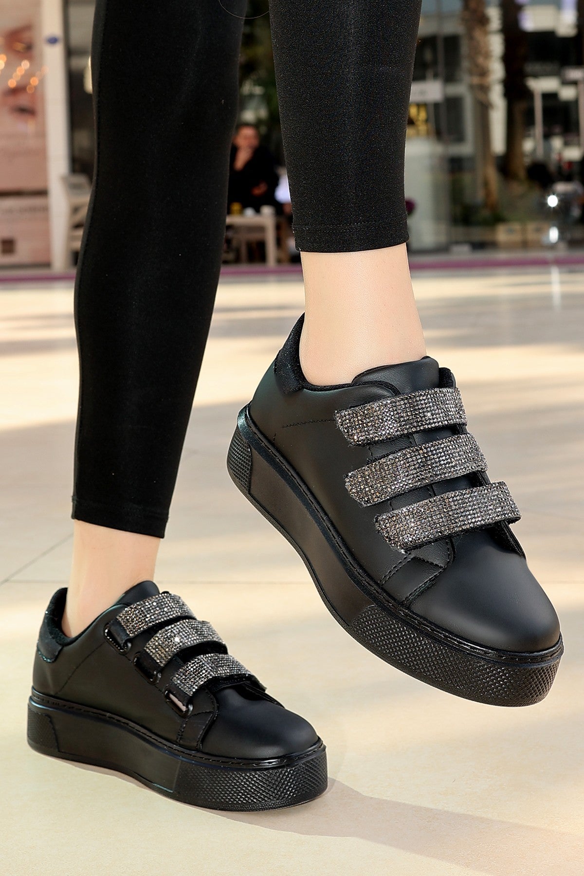 Women's Black Leather Velcro Sports Shoes - STREETMODE ™