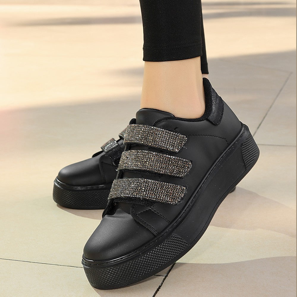 Women's Black Leather Velcro Sports Shoes - STREETMODE ™