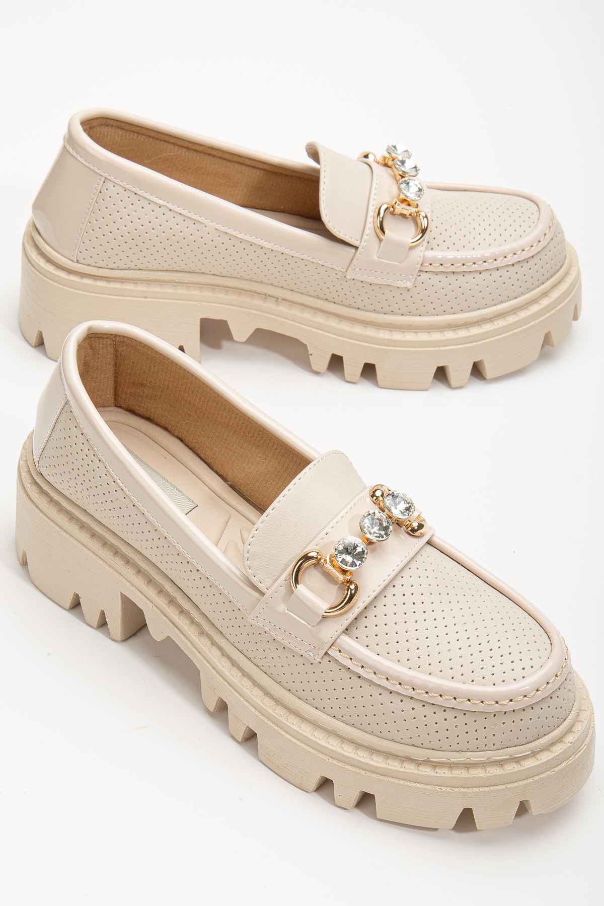 Women's Yesenia Cream Diamond Detailed Buckle Oxford Shoes - STREETMODE ™
