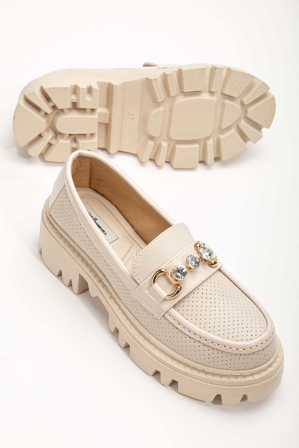 Women's Yesenia Cream Diamond Detailed Buckle Oxford Shoes - STREETMODE ™