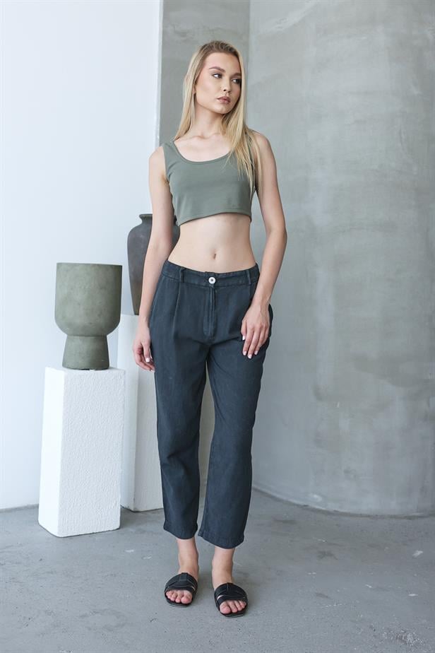 Women's Washed Buttoned Trousers - Anthracite