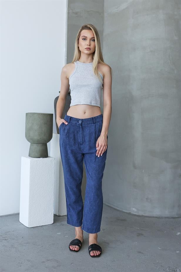 Women's Washed Buttoned Trousers - Navy Blue