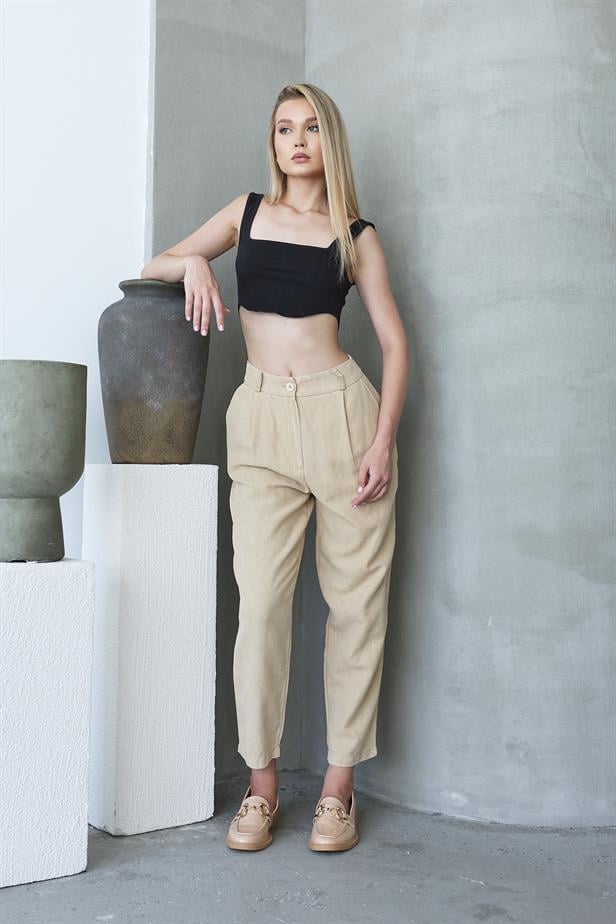 Women's Washed Buttoned Trousers - Stone