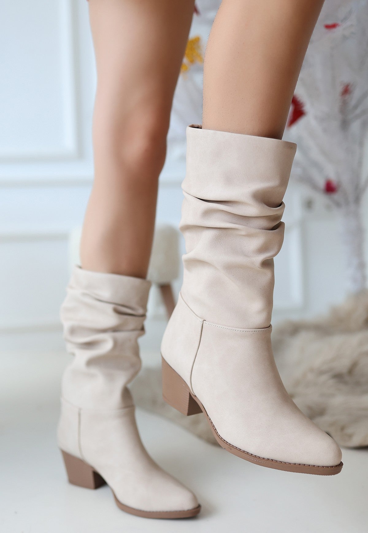 Women's Beige Nubuck Heeled Boots - STREETMODE ™