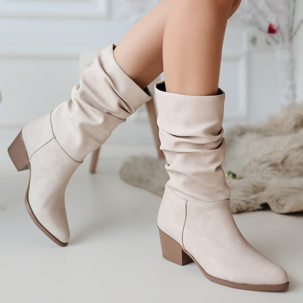 Women's Beige Nubuck Heeled Boots - STREETMODE ™