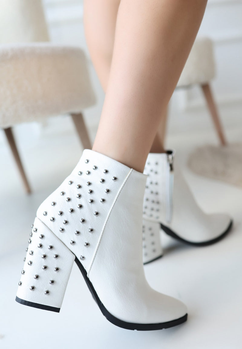 Women's White Leather High Heel Boots - STREETMODE ™