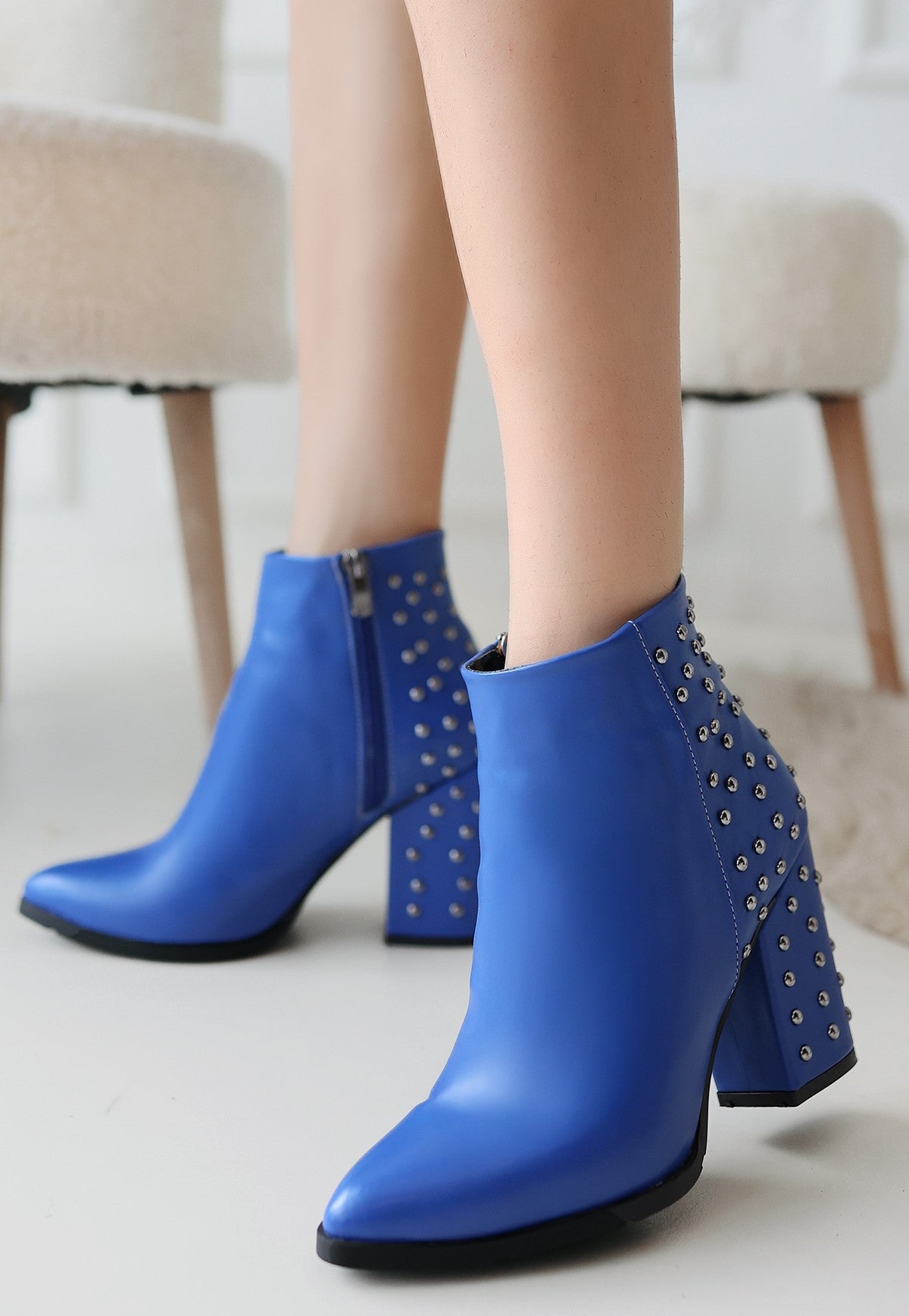 Women's Blue Leather Heeled Boots - STREETMODE ™