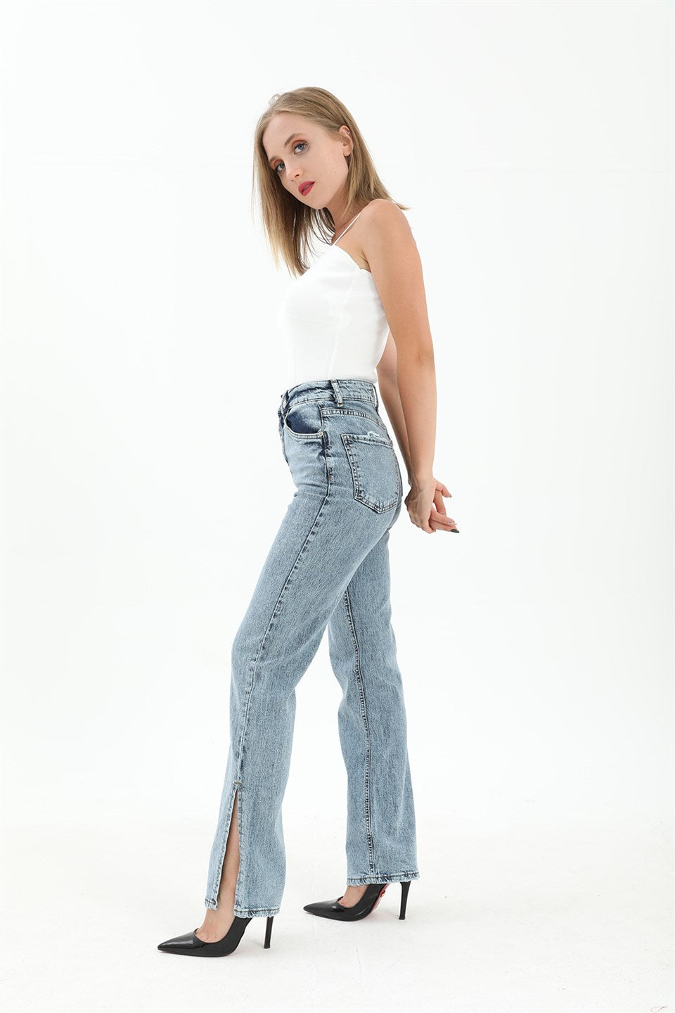 Women's High Waist Denim Pants with Back Pockets - Blue - STREETMODE ™