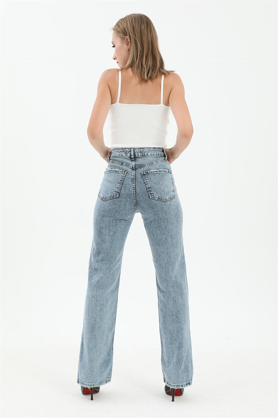 Women's High Waist Denim Pants with Back Pockets - Blue - STREETMODE ™