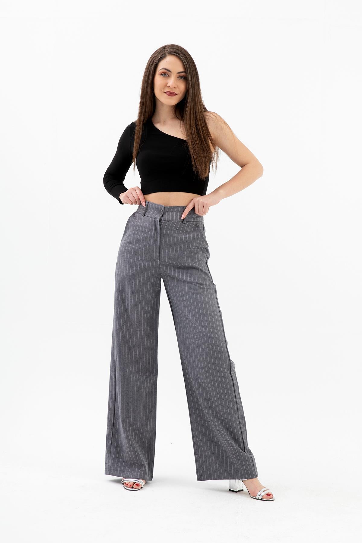 High Waist Striped Women's Palazzo Trousers - Anthracite - STREETMODE ™