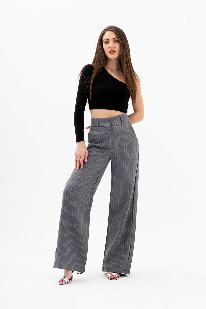 High Waist Striped Women's Palazzo Trousers - Anthracite - STREETMODE ™