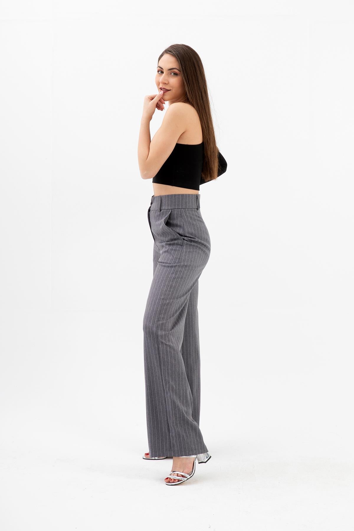 High Waist Striped Women's Palazzo Trousers - Anthracite - STREETMODE ™