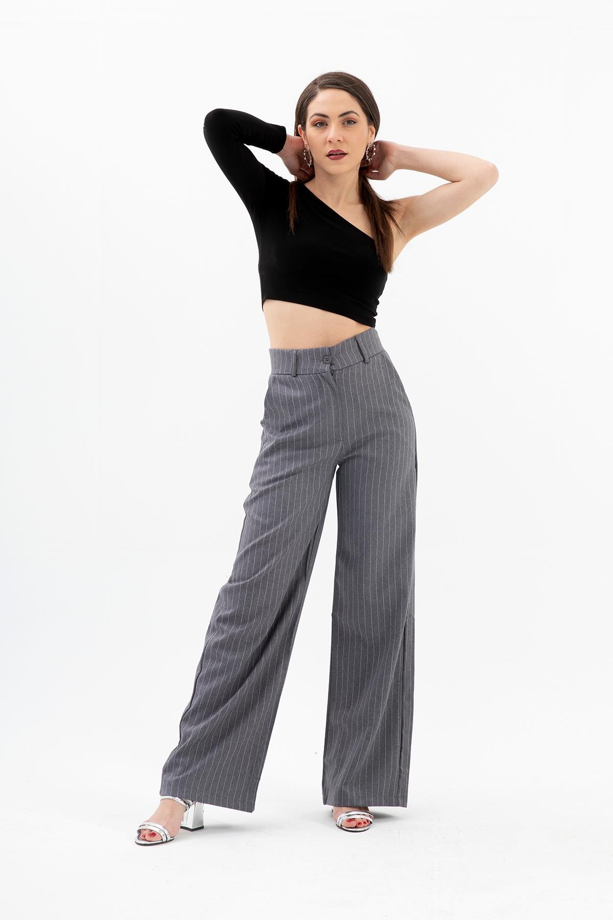 High Waist Striped Women's Palazzo Trousers - Anthracite - STREETMODE ™