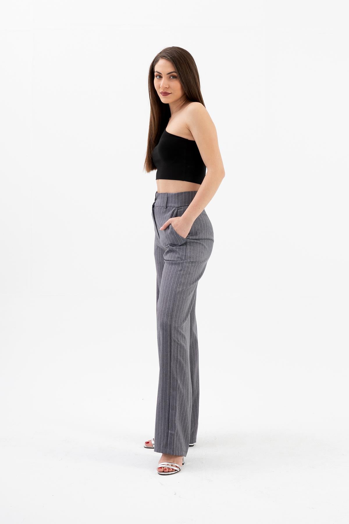 High Waist Striped Women's Palazzo Trousers - Anthracite - STREETMODE ™