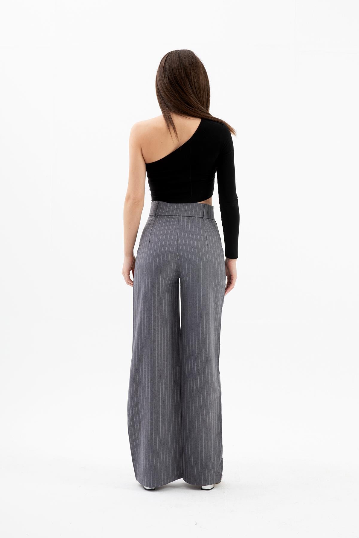 High Waist Striped Women's Palazzo Trousers - Anthracite - STREETMODE ™